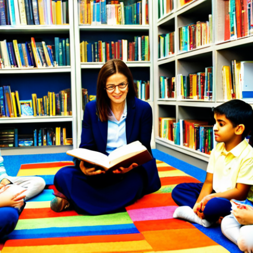 Home 4 A professional female reading mediator, dressed in modest, professional attire, sitting comfortably on a low chair. She is reading aloud from a physical book to a diverse group of fully clothed children of various ages, who are seated attentively on a colorful carpet. The scene is set in a brightly lit, inviting library reading nook, with blurred bookshelves filled with books in the background. The atmosphere is warm and engaging. perfect anatomy, correct proportions, natural pose, well-formed hands, proper finger count, natural body proportions, safe for work, appropriate content, fully clothed, family-friendly.