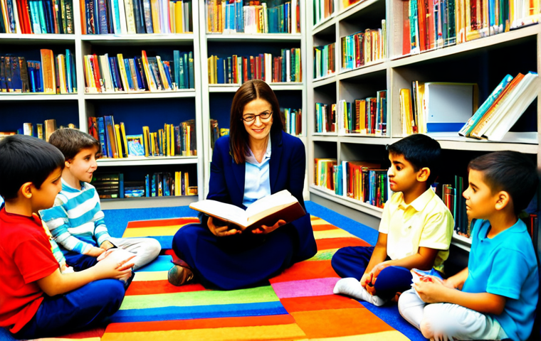 A professional female reading mediator, dressed in modest, professional attire, sitting comfortably on a low chair. She is reading aloud from a physical book to a diverse group of fully clothed children of various ages, who are seated attentively on a colorful carpet. The scene is set in a brightly lit, inviting library reading nook, with blurred bookshelves filled with books in the background. The atmosphere is warm and engaging. perfect anatomy, correct proportions, natural pose, well-formed hands, proper finger count, natural body proportions, safe for work, appropriate content, fully clothed, family-friendly.