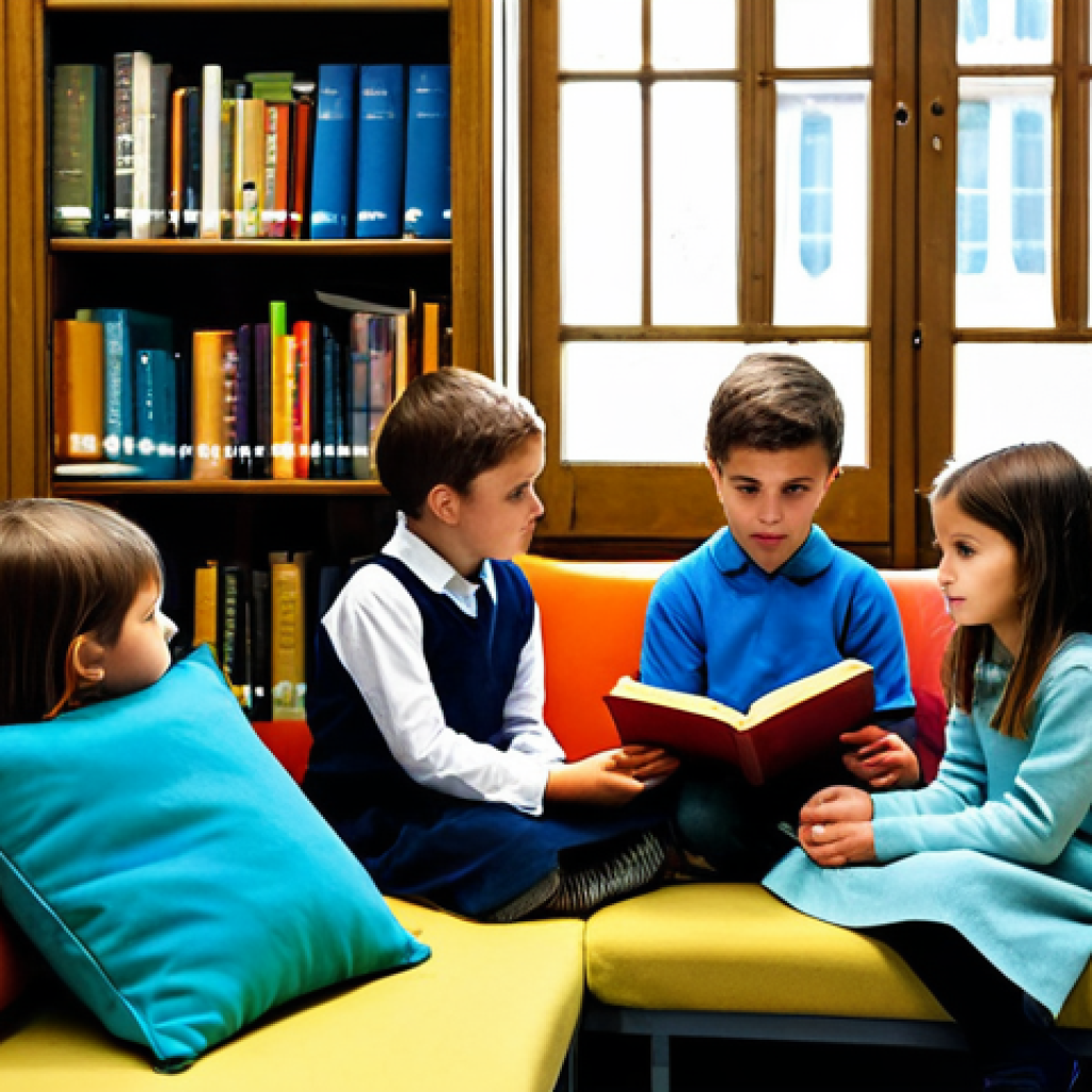 독서지도사 관련 국가 지원 프로그램 - A Cozy Library Scene**
"A group of French children, fully clothed in appropriate attire, are sittin...