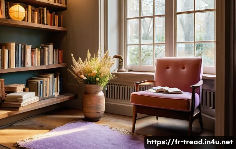 독서지도사 실무에 필요한 스킬 - **Cozy Reading Nook:** A beautifully styled, warm, and inviting reading nook, bathed in soft, diffus...