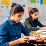 독서지도사 중점 과목 공부법 - A modern classroom scene in Paris with diverse French students actively engaged in a reading session...
