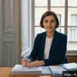 독서지도사 시험 접수 방법 - A professional French candidate carefully organizing official documents at a clean desk, including a...