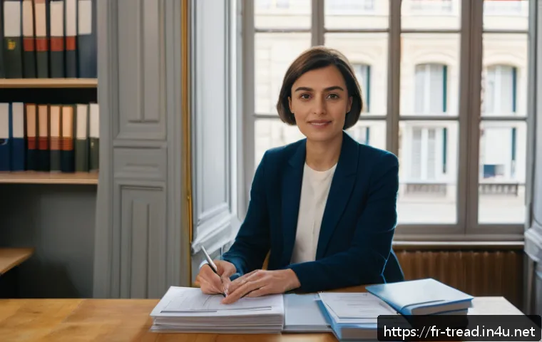 독서지도사 시험 접수 방법 - A professional French candidate carefully organizing official documents at a clean desk, including a...