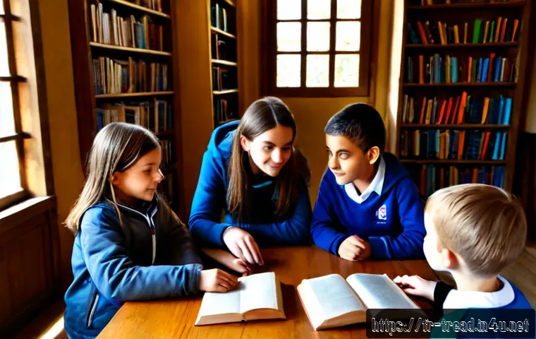 독서지도사 직업 전망 - Photorealistic French reading tutor guiding a small group of primary school children around a wooden...