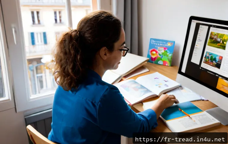 독서지도사 강의 콘텐츠 제작 사례 - Photorealistic French educational content creator designing a reading instruction course at a bright...